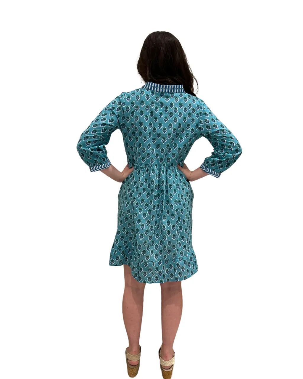 The Morley Cotton Block Print Dress in Teal and Blue with Embroidered Trim