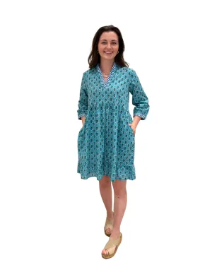 The Morley Cotton Block Print Dress in Teal and Blue with Embroidered Trim