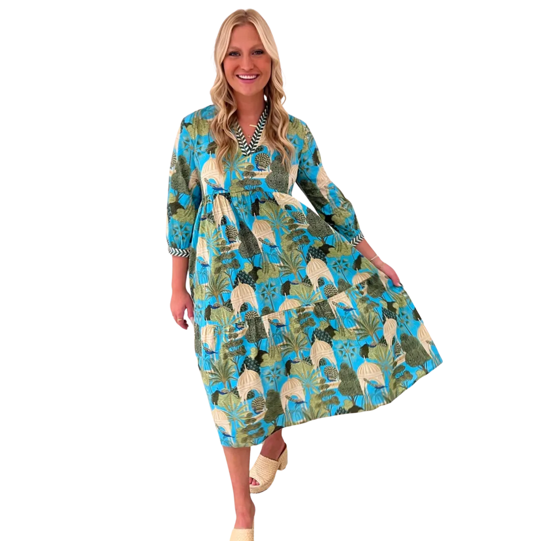 The Morley Long Length Dress in Turquoise Tropical Cabana Cotton