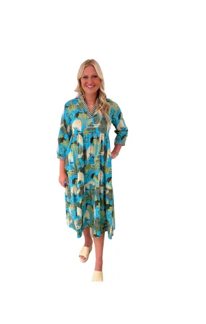 The Morley Long Length Dress in Turquoise Tropical Cabana Cotton