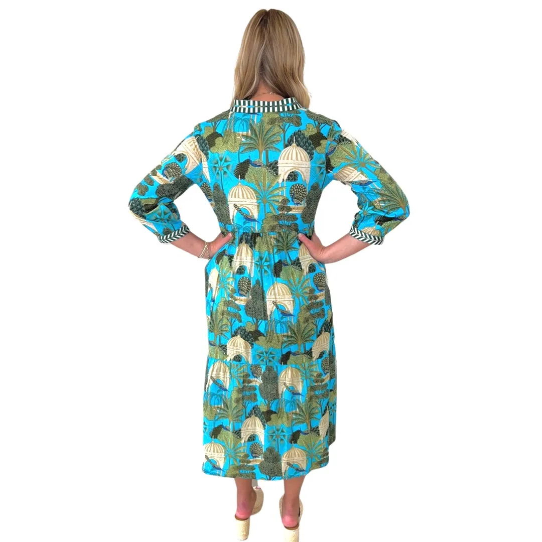 The Morley Long Length Dress in Turquoise Tropical Cabana Cotton