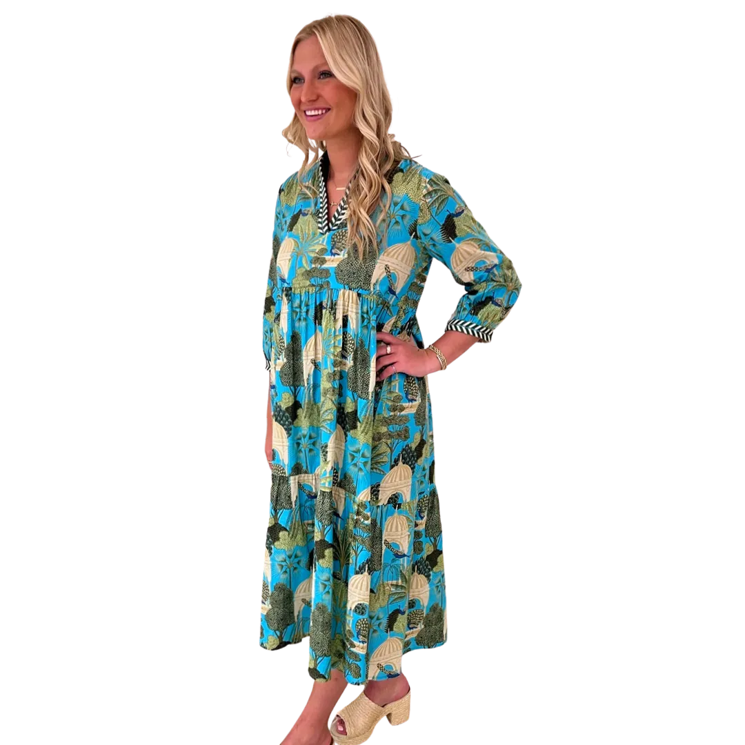 The Morley Long Length Dress in Turquoise Tropical Cabana Cotton