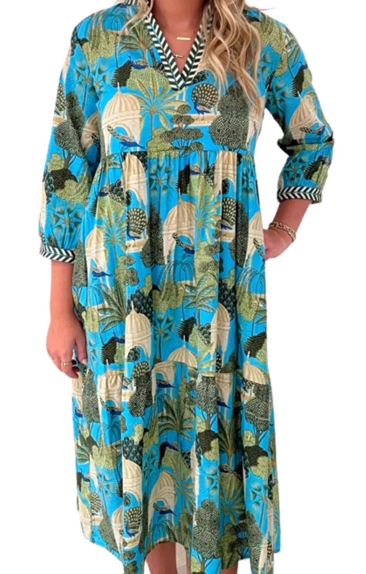The Morley Long Length Dress in Turquoise Tropical Cabana Cotton