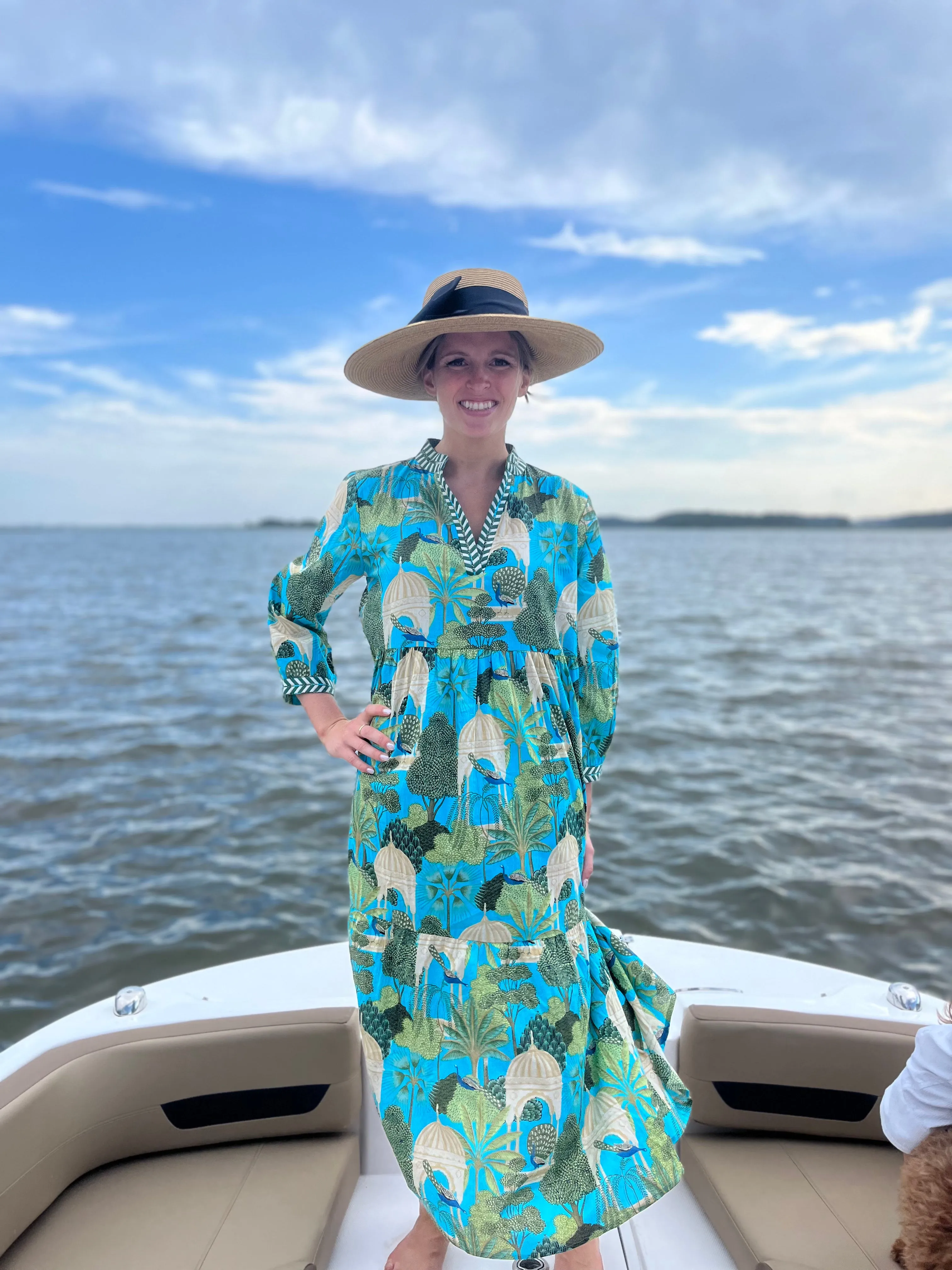 The Morley Long Length Dress in Turquoise Tropical Cabana Cotton