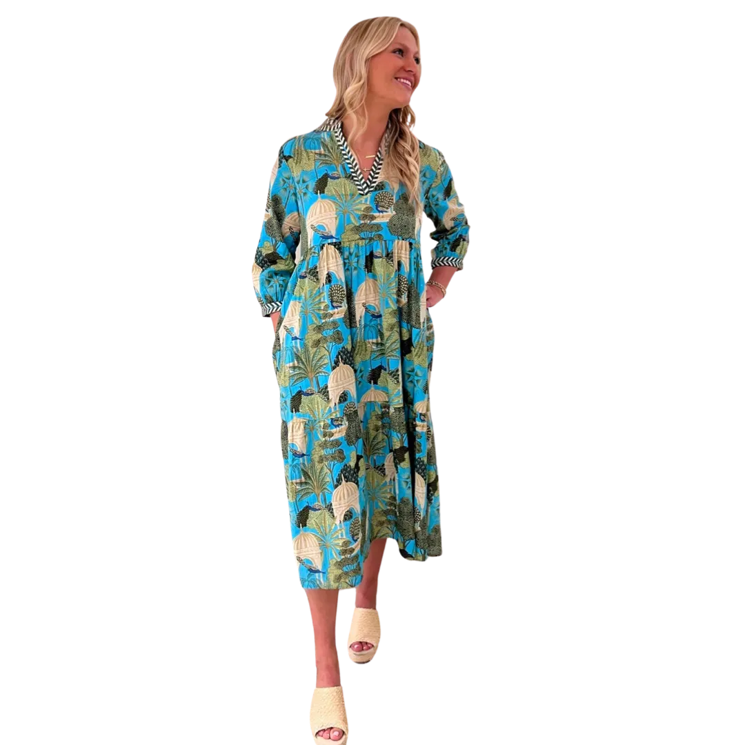 The Morley Long Length Dress in Turquoise Tropical Cabana Cotton