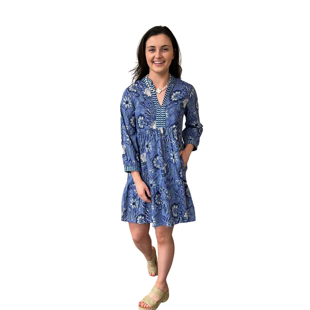 The Naomi Cotton Block Print Dress in Navy Floral