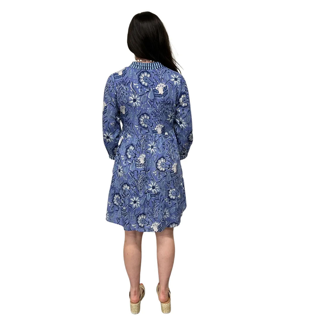 The Naomi Cotton Block Print Dress in Navy Floral