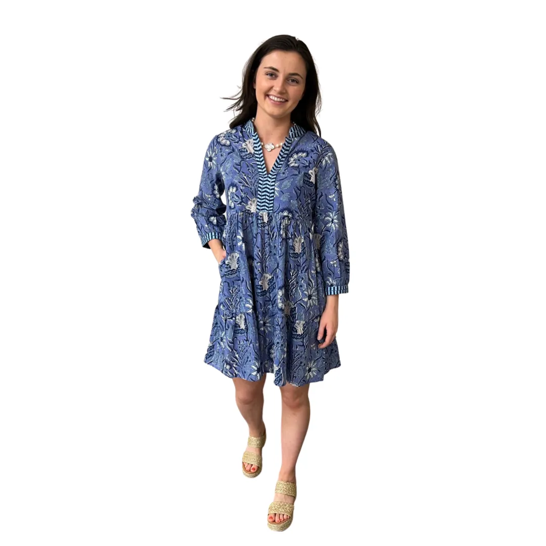 The Naomi Cotton Block Print Dress in Navy Floral