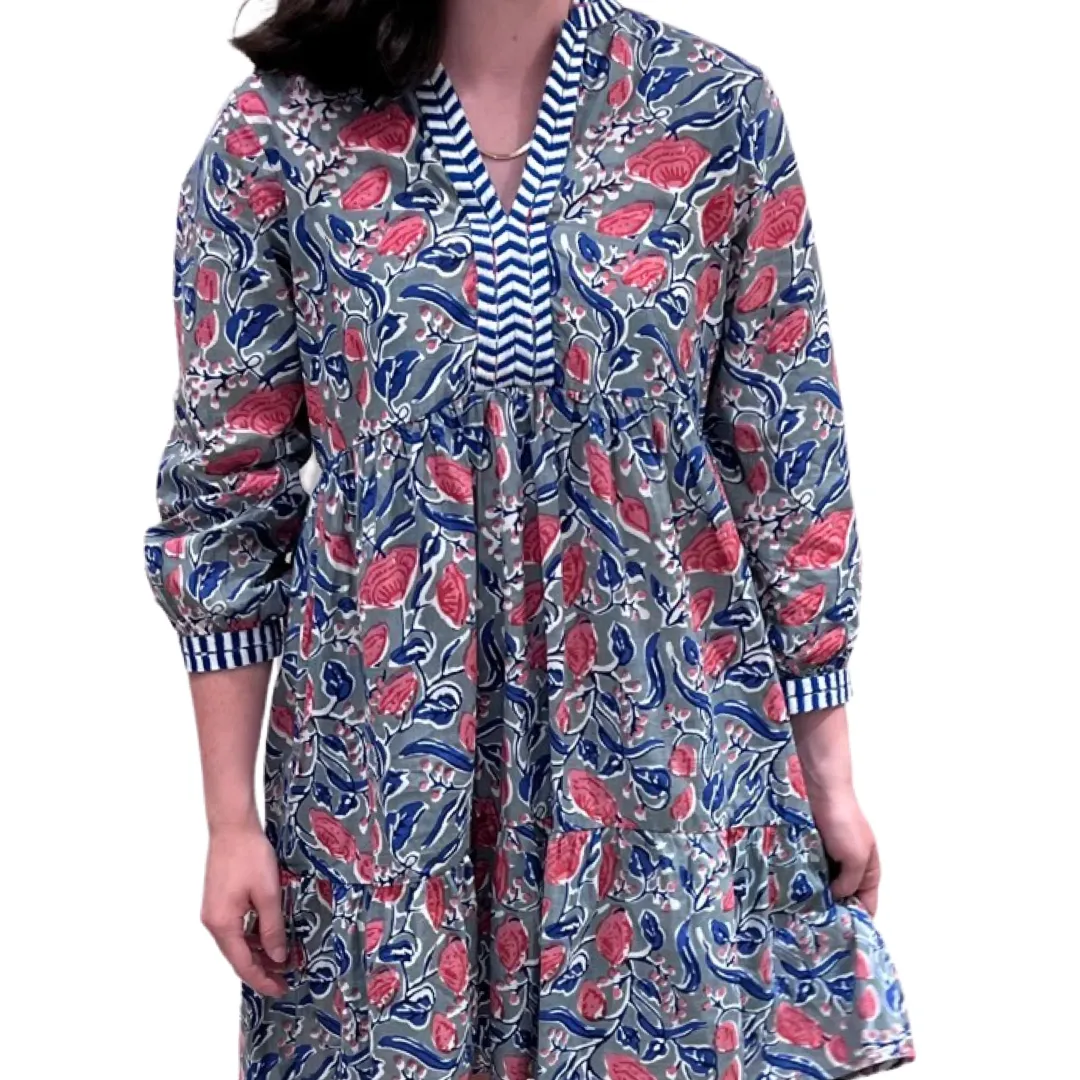 The Naomi Embroidered Trim Dress in Hand Blocked Blue Pink Floral