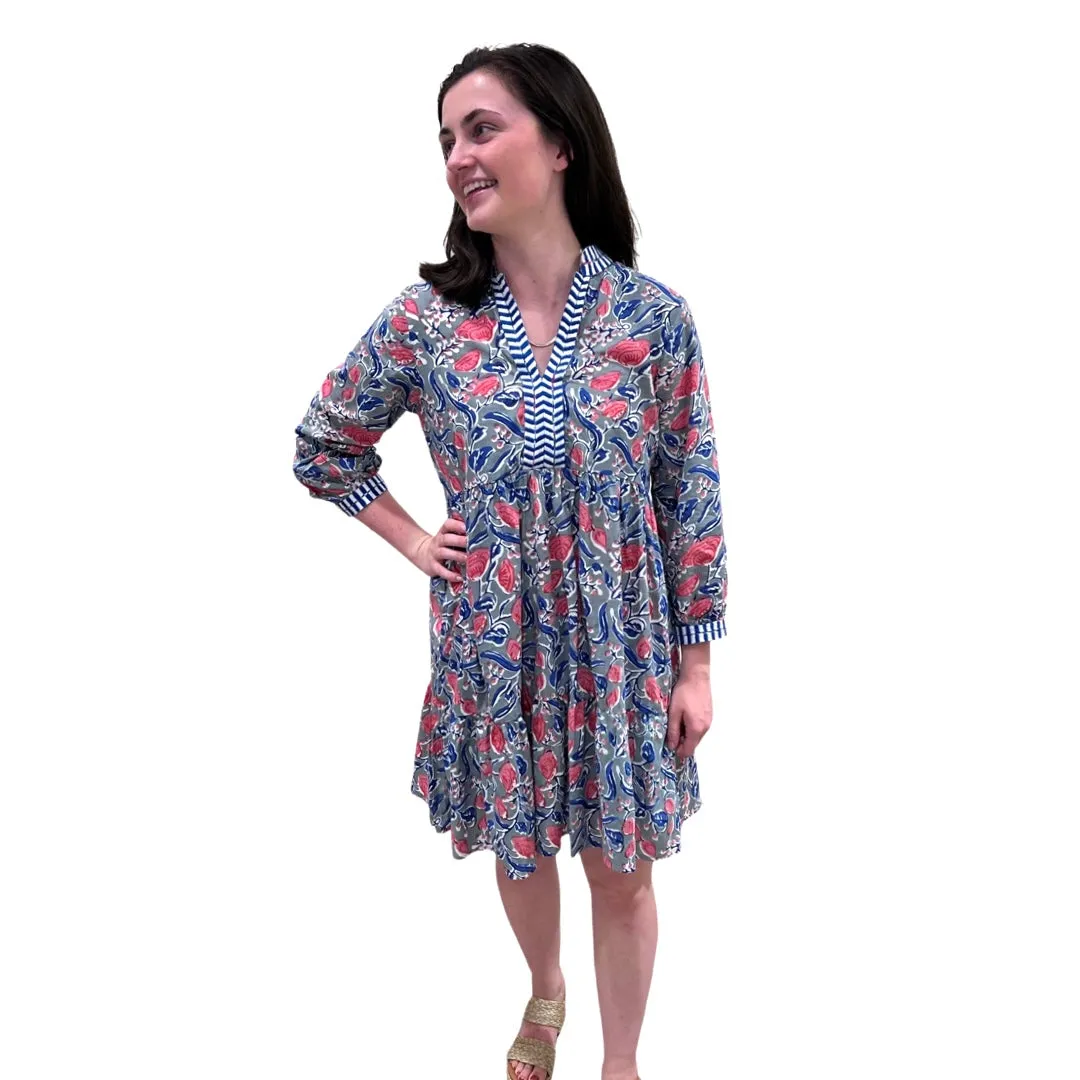 The Naomi Embroidered Trim Dress in Hand Blocked Blue Pink Floral