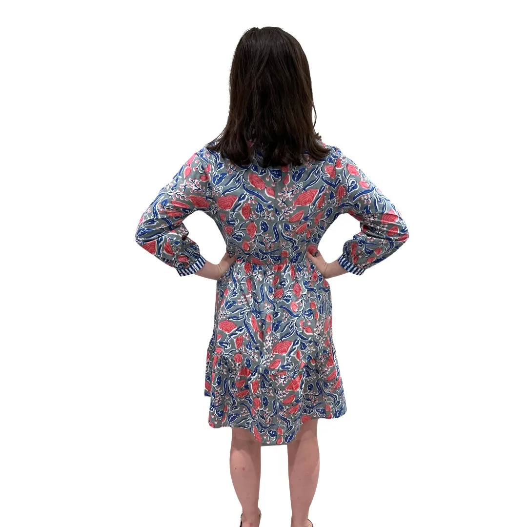 The Naomi Embroidered Trim Dress in Hand Blocked Blue Pink Floral