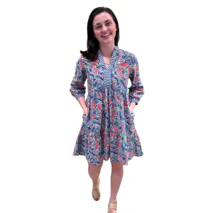 The Naomi Embroidered Trim Dress in Hand Blocked Blue Pink Floral