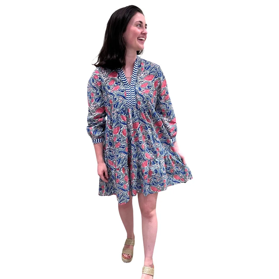 The Naomi Embroidered Trim Dress in Hand Blocked Blue Pink Floral