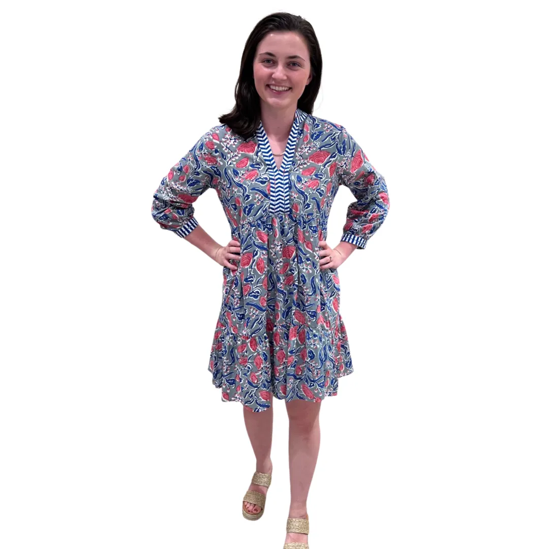 The Naomi Embroidered Trim Dress in Hand Blocked Blue Pink Floral