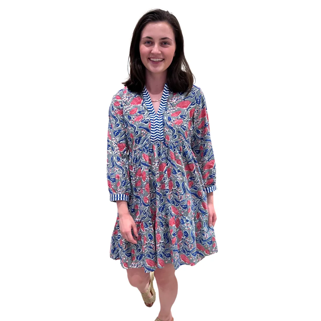 The Naomi Embroidered Trim Dress in Hand Blocked Blue Pink Floral