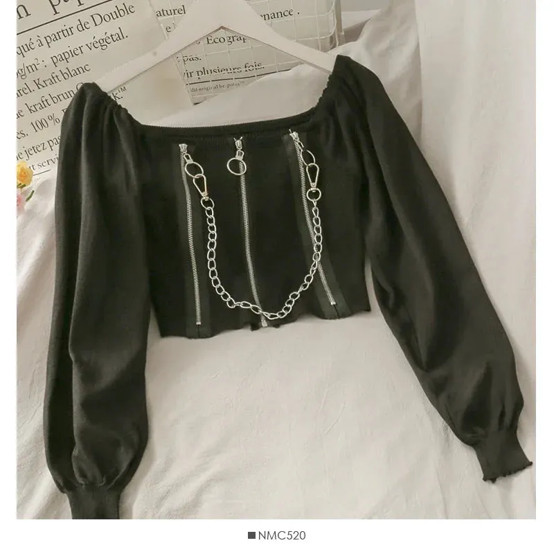 Trendy Y2K Acubi Aesthetic Zip Crop Top | Women's Sexy Off-Shoulder Long Sleeve Top