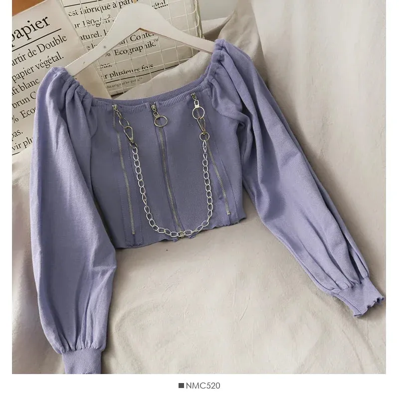 Trendy Y2K Acubi Aesthetic Zip Crop Top | Women's Sexy Off-Shoulder Long Sleeve Top