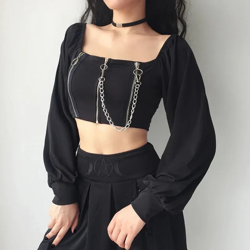 Trendy Y2K Acubi Aesthetic Zip Crop Top | Women's Sexy Off-Shoulder Long Sleeve Top