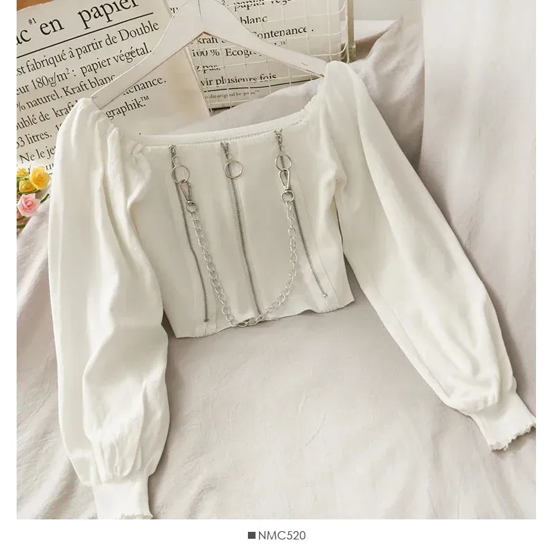 Trendy Y2K Acubi Aesthetic Zip Crop Top | Women's Sexy Off-Shoulder Long Sleeve Top