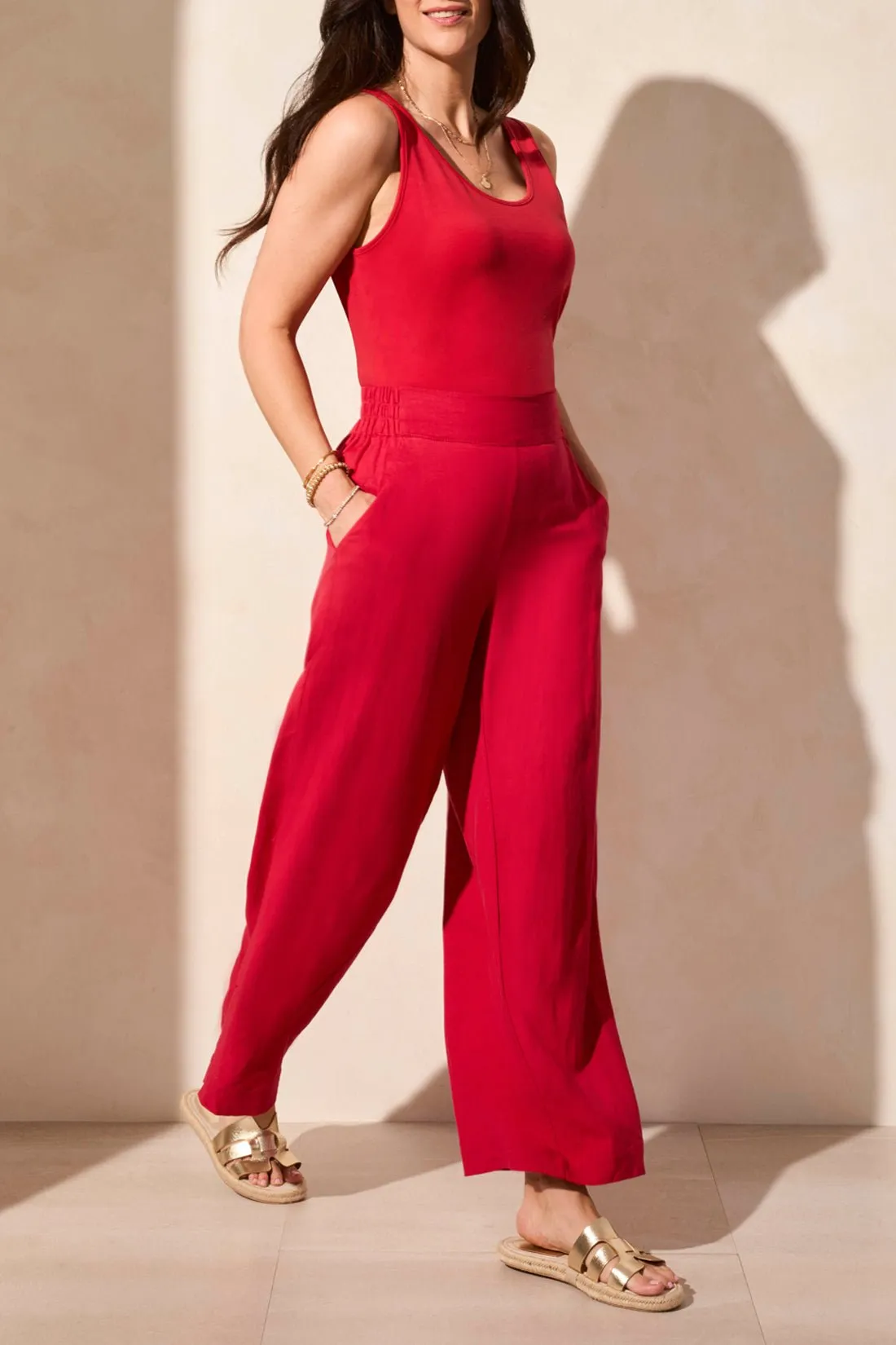Tribal Linen Blend Pull-On Ankle Pants - Cherry Red