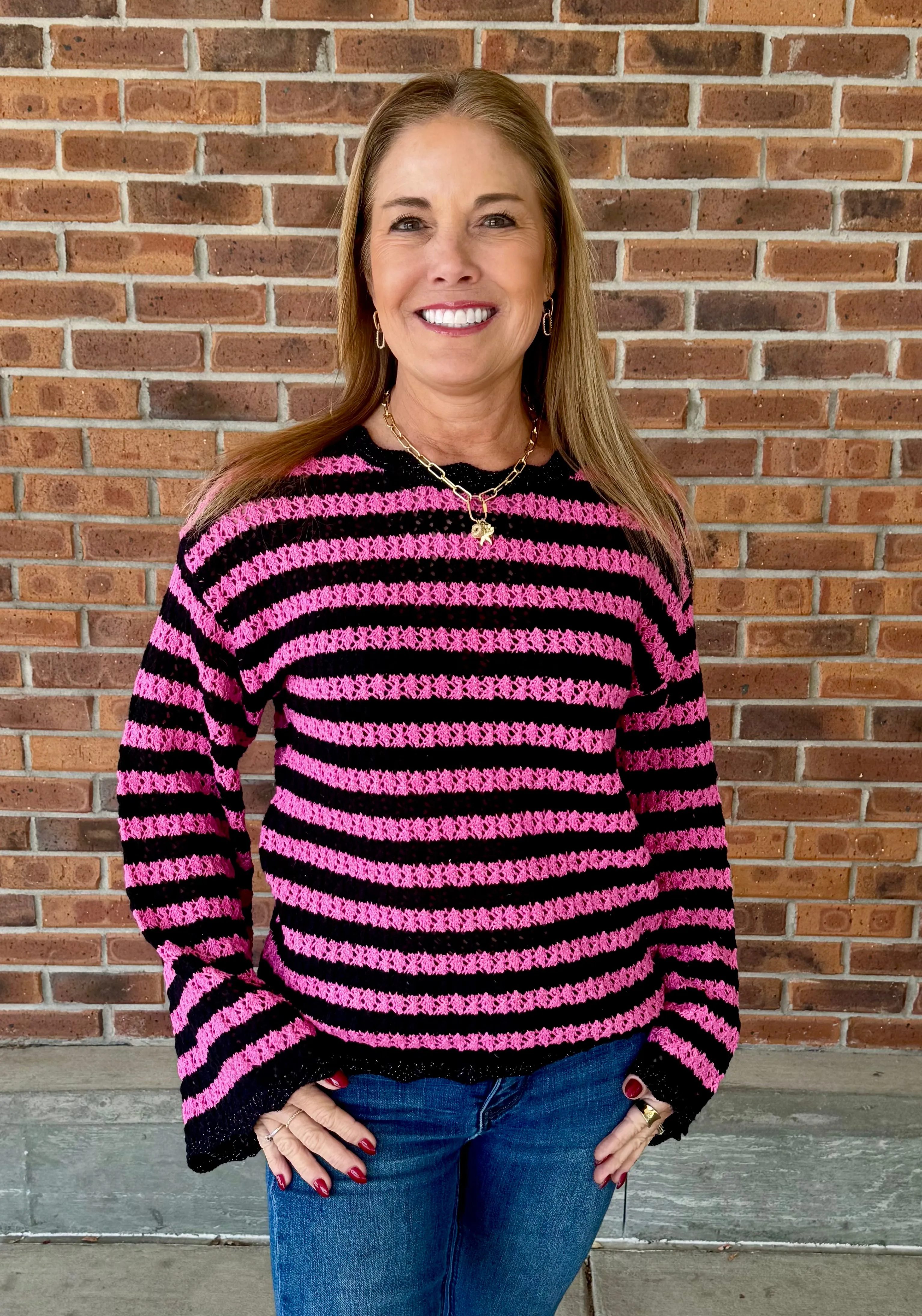 Umgee Metallic Knit Striped Sweater