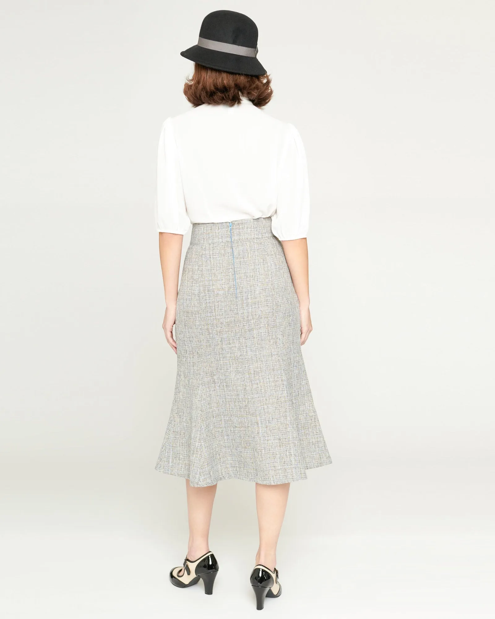 Unique Vintage Beige & Baby Blue Tweed Tina Trumpet Skirt | Beige & Baby Blue