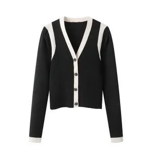 V-Neck Panel Single-Breasted Long-Sleeve Slim Fit Contrast Knit Sweater Top