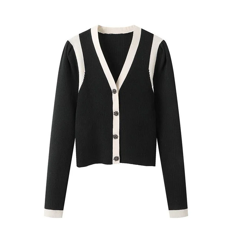 V-Neck Panel Single-Breasted Long-Sleeve Slim Fit Contrast Knit Sweater Top