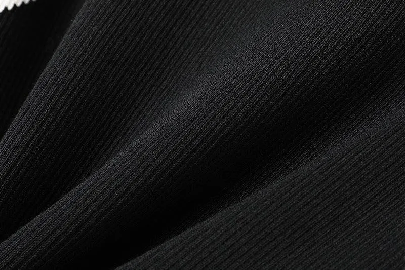 V-Neck Panel Single-Breasted Long-Sleeve Slim Fit Contrast Knit Sweater Top