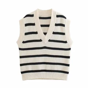 V-Neck Sleeveless Loose Contrast Striped Knit Tank Top