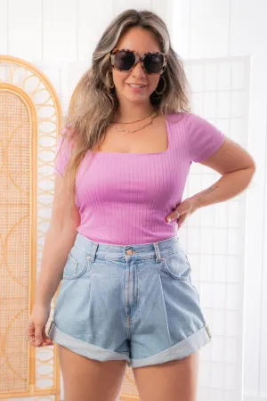 Violet Square Neck Ribbed Short Sleeve Bodysuit