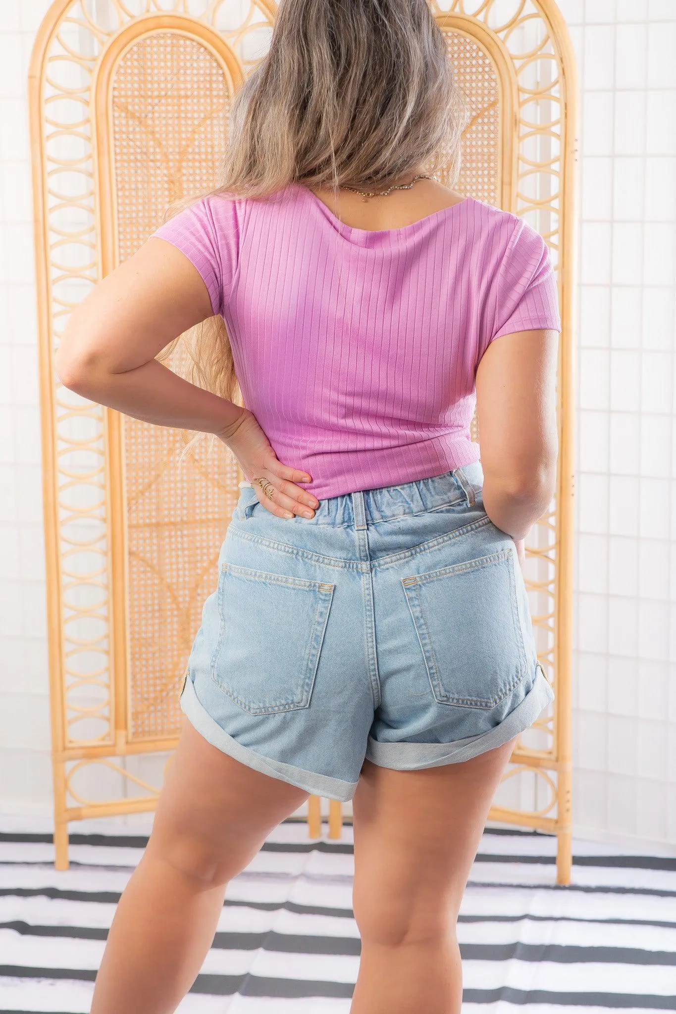Violet Square Neck Ribbed Short Sleeve Bodysuit