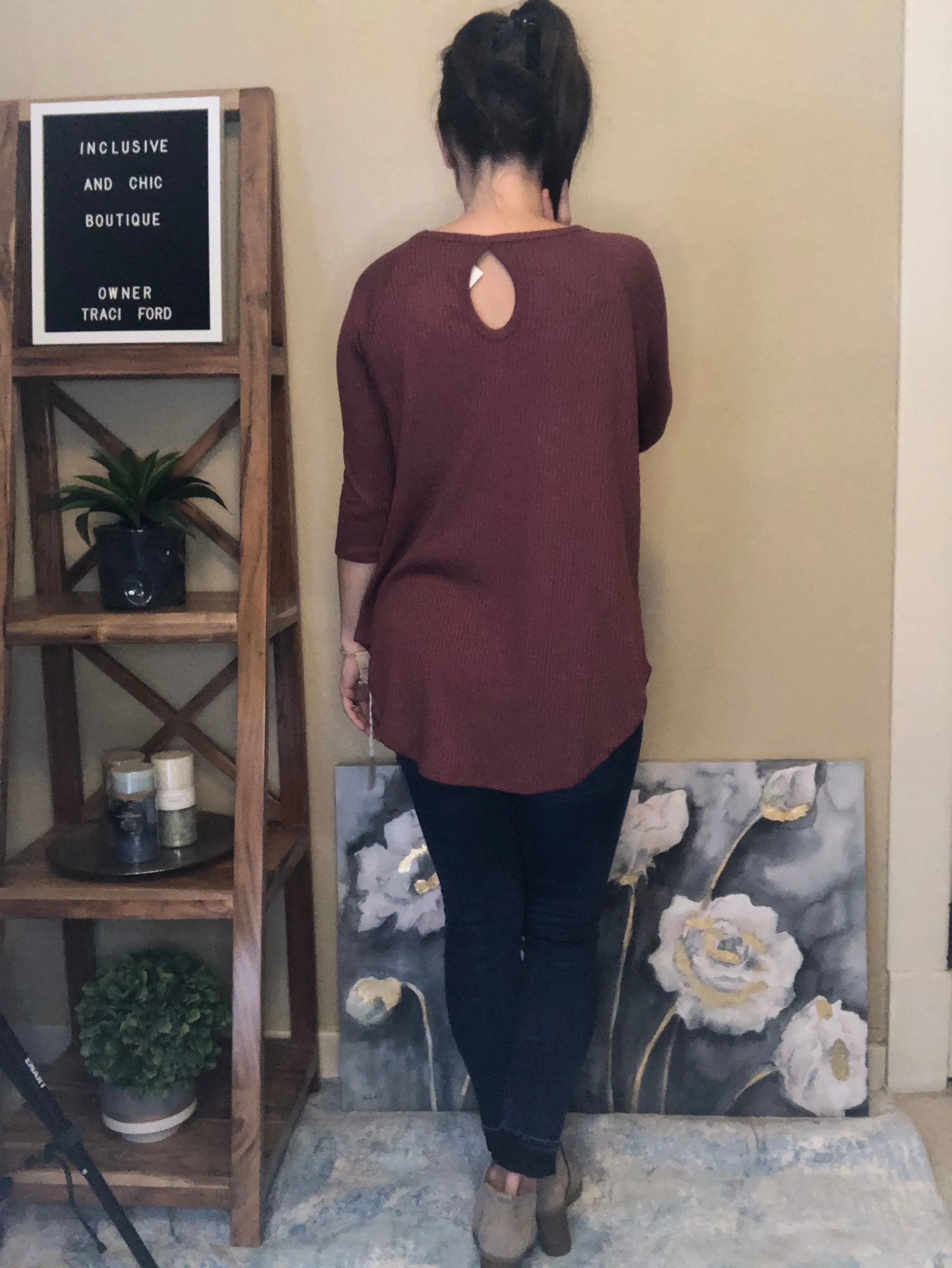 Waffle 3/4 Sleeve Top with Keyhole Back