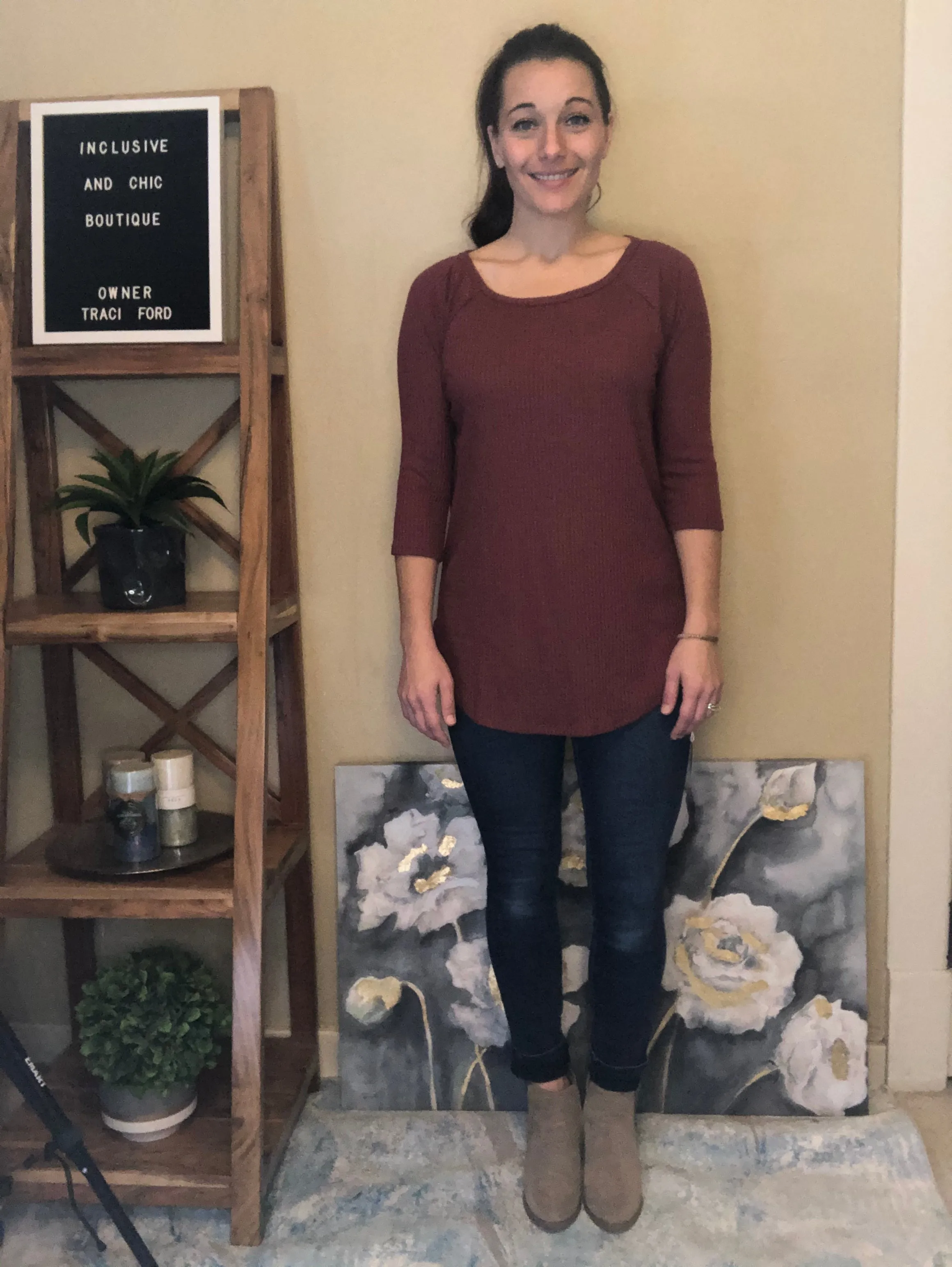 Waffle 3/4 Sleeve Top with Keyhole Back