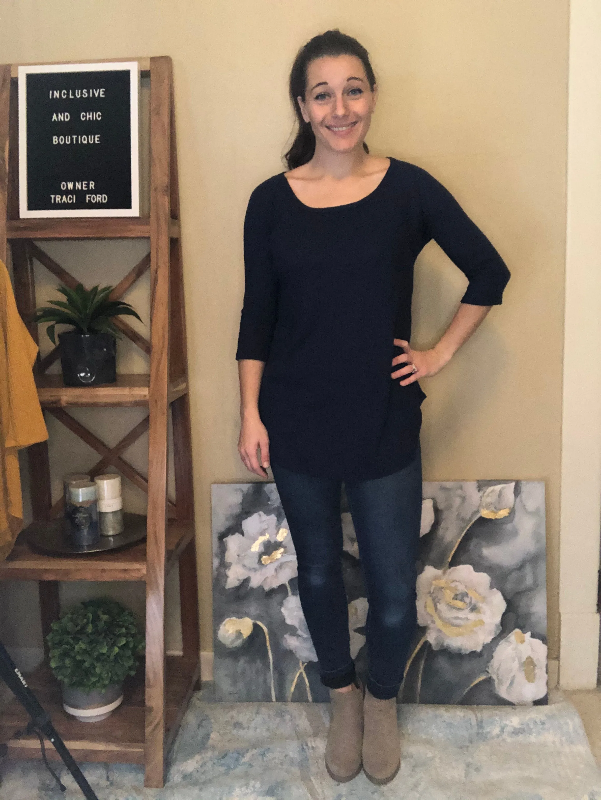 Waffle 3/4 Sleeve Top with Keyhole Back