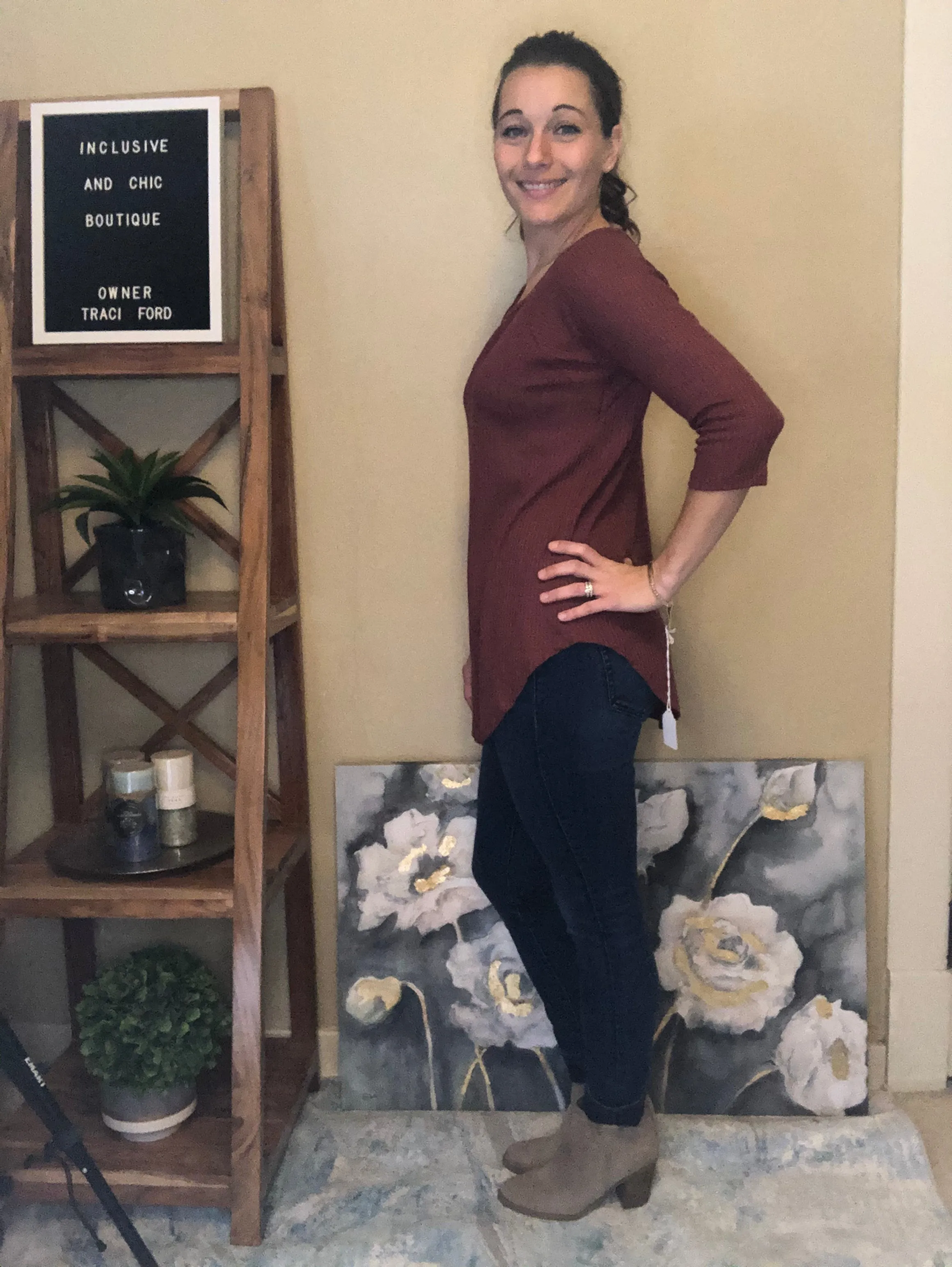 Waffle 3/4 Sleeve Top with Keyhole Back