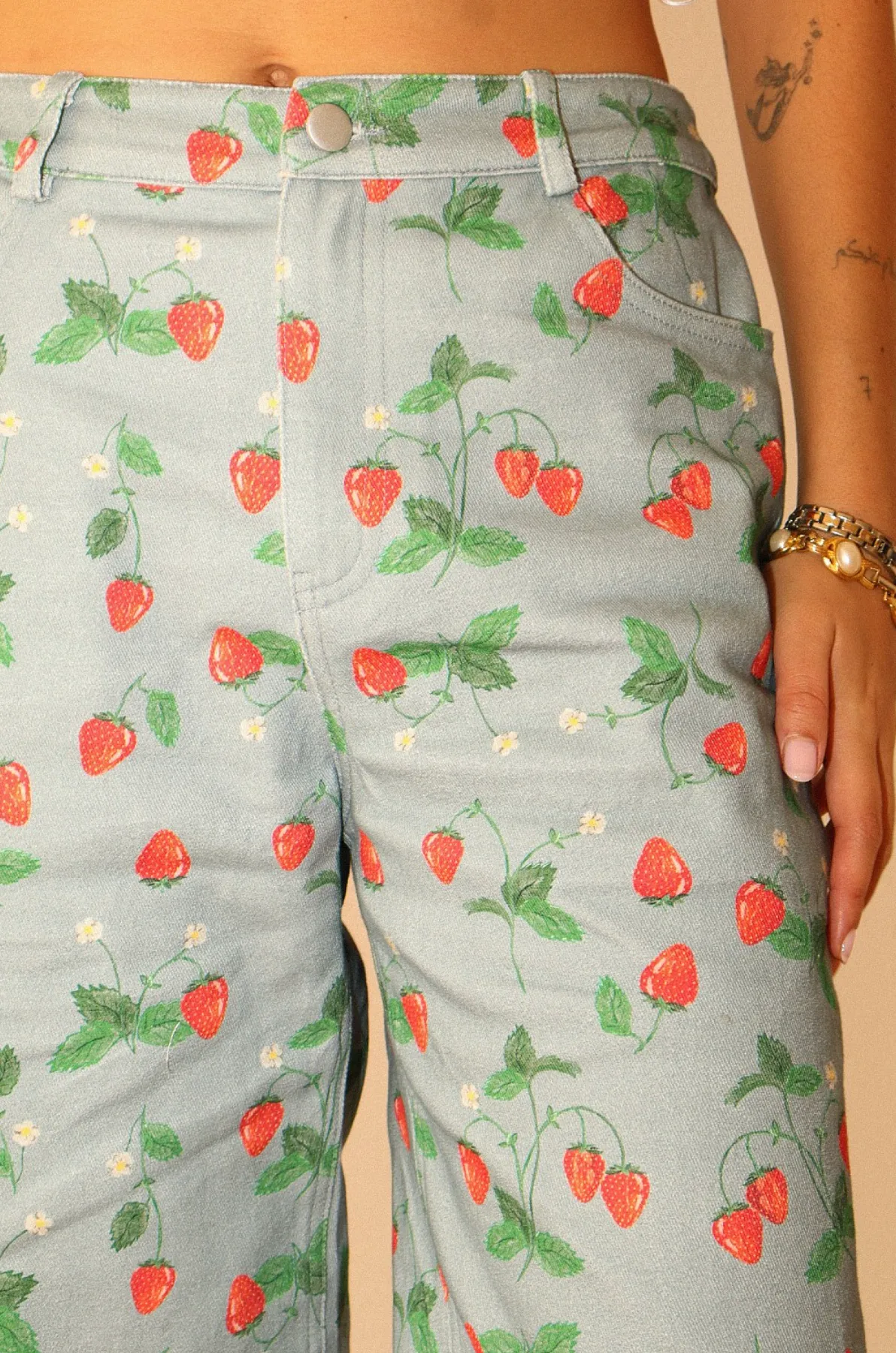 Wide Leg Strawberry Print Pants - Blue