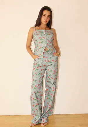 Wide Leg Strawberry Print Pants - Blue