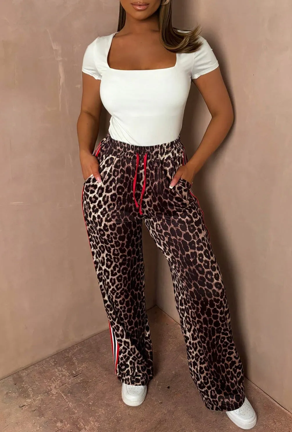 Wildest Days Leopard Print Side Stripe Wide Leg Trousers