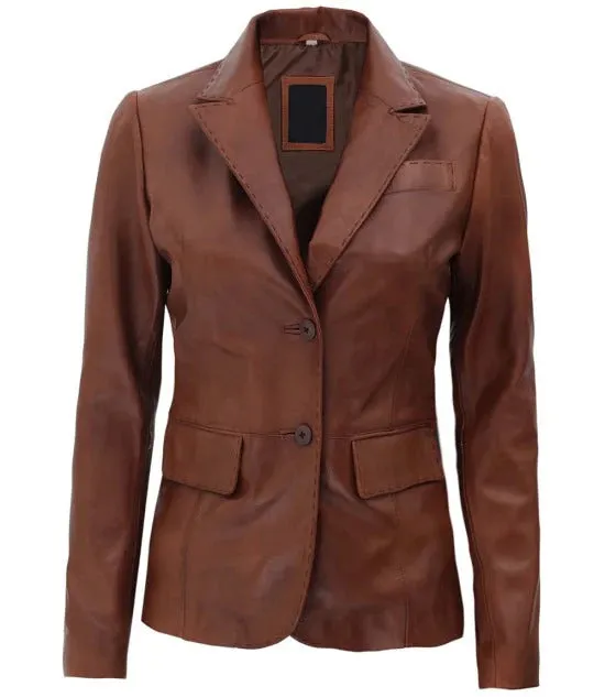 WOMEN BROWN TWO BUTTON LEATHER BLAZER JACKET