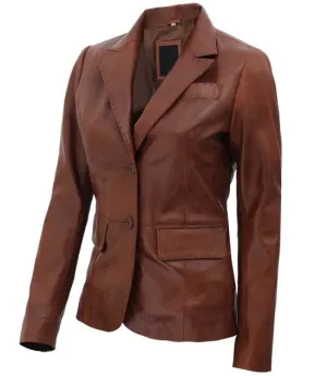 WOMEN BROWN TWO BUTTON LEATHER BLAZER JACKET