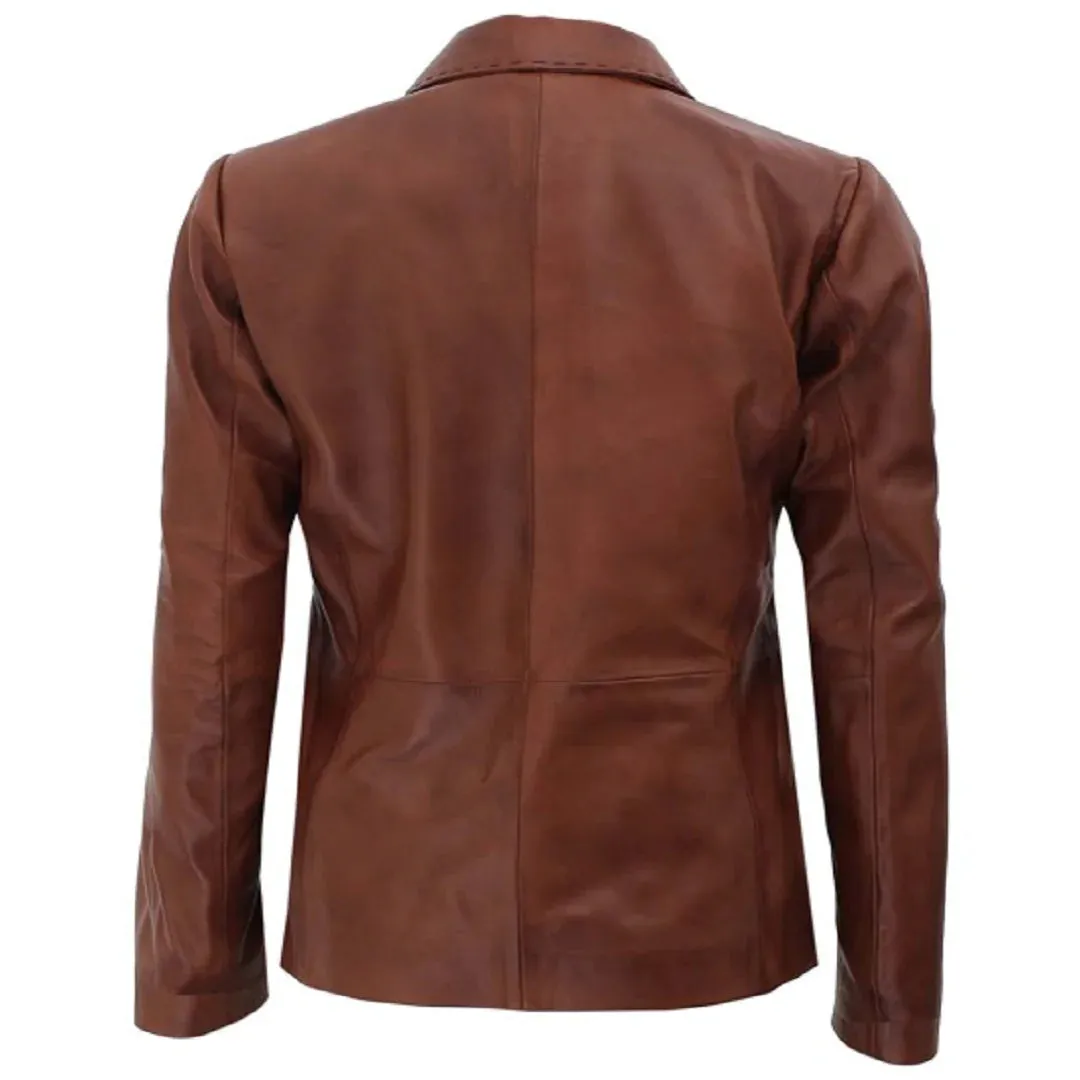 WOMEN BROWN TWO BUTTON LEATHER BLAZER JACKET
