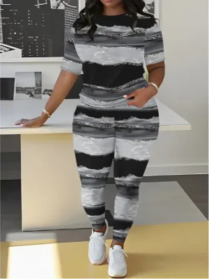 Women's Black And Grey Printed Round Neck T-Shirt And Leggings Set