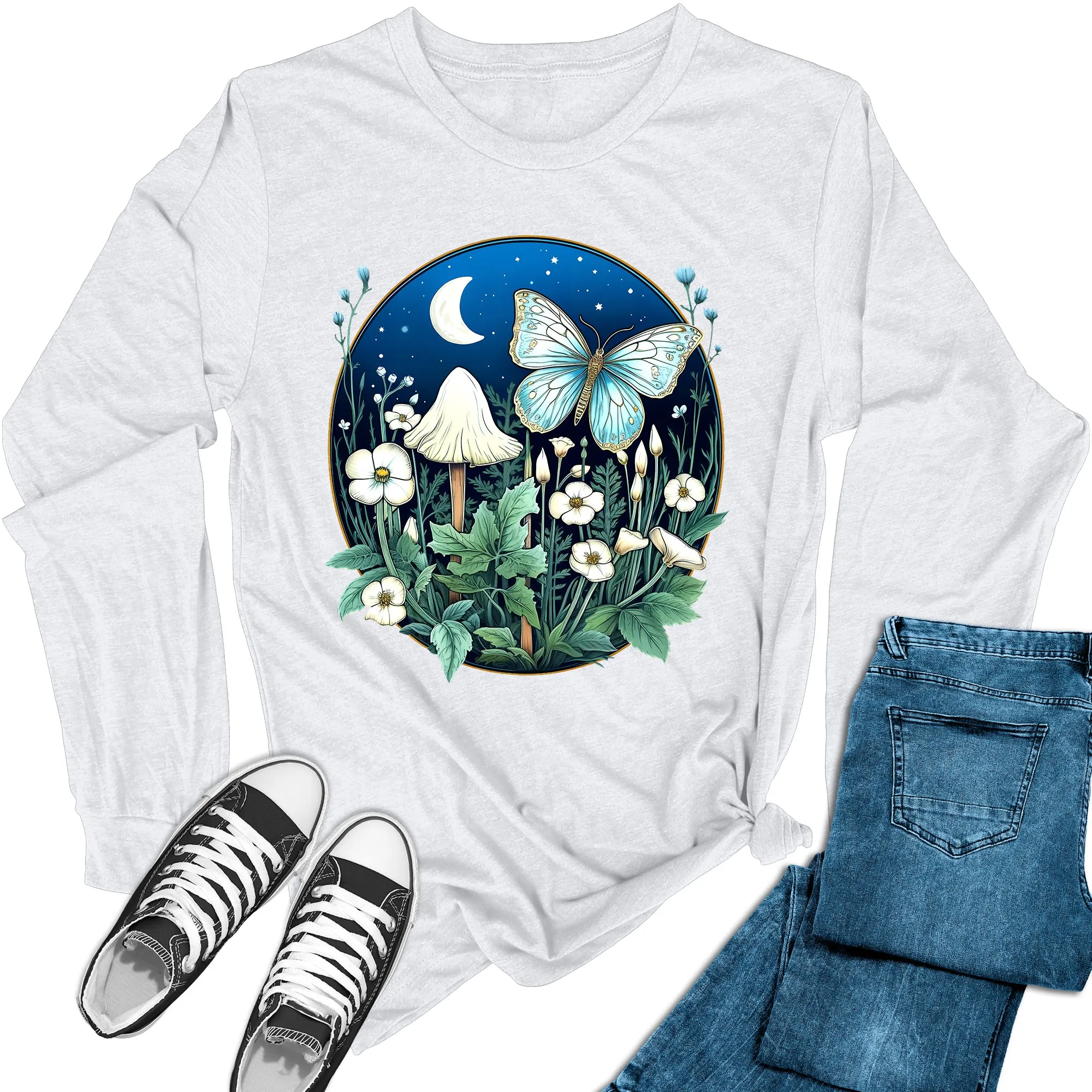 Women's Moon Mushroom Butterfly Long Sleeve Graphic Tees