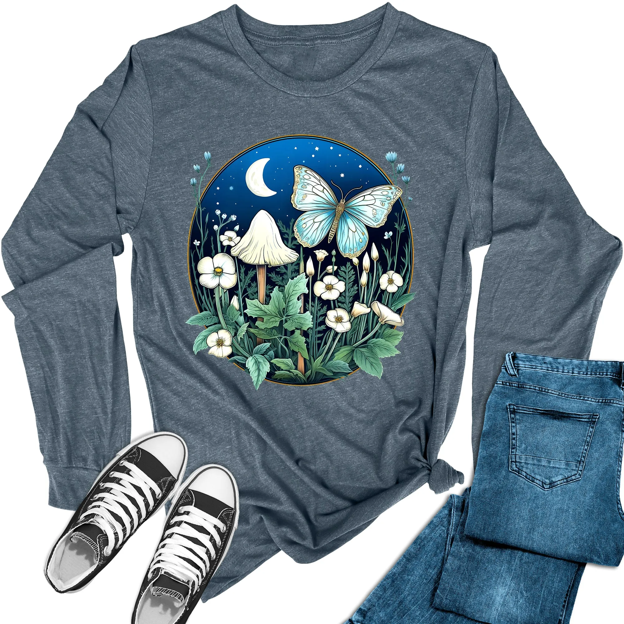 Women's Moon Mushroom Butterfly Long Sleeve Graphic Tees