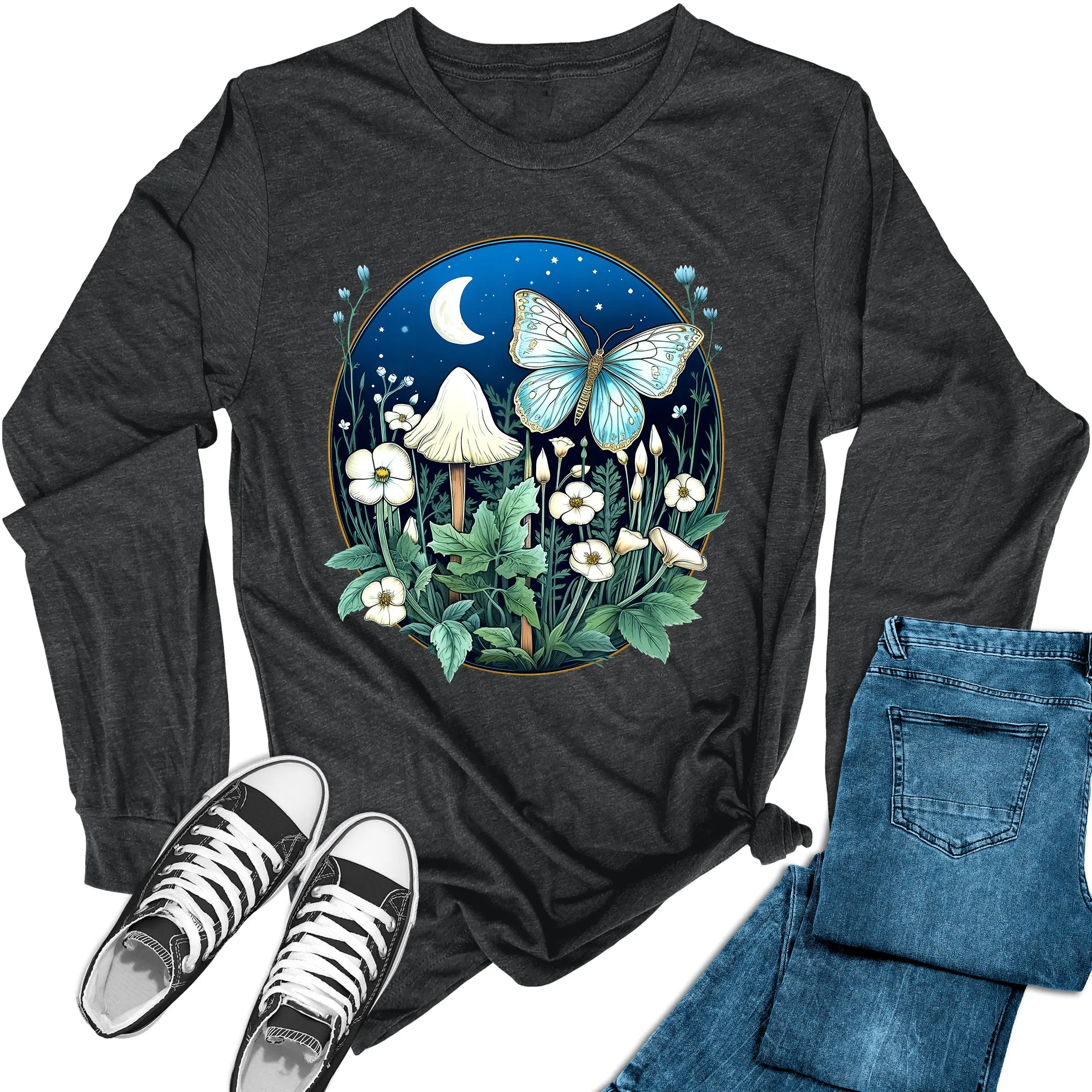 Women's Moon Mushroom Butterfly Long Sleeve Graphic Tees