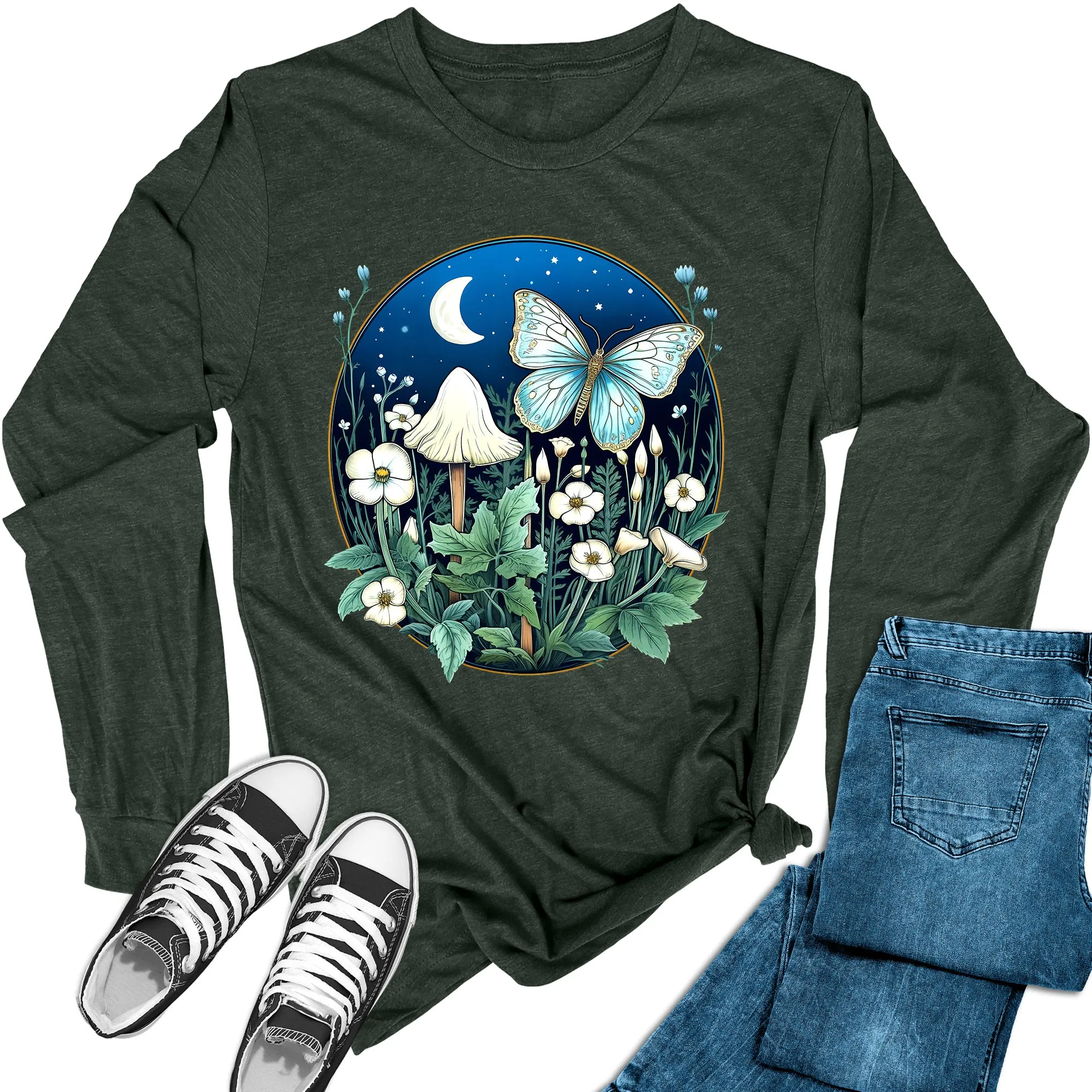 Women's Moon Mushroom Butterfly Long Sleeve Graphic Tees