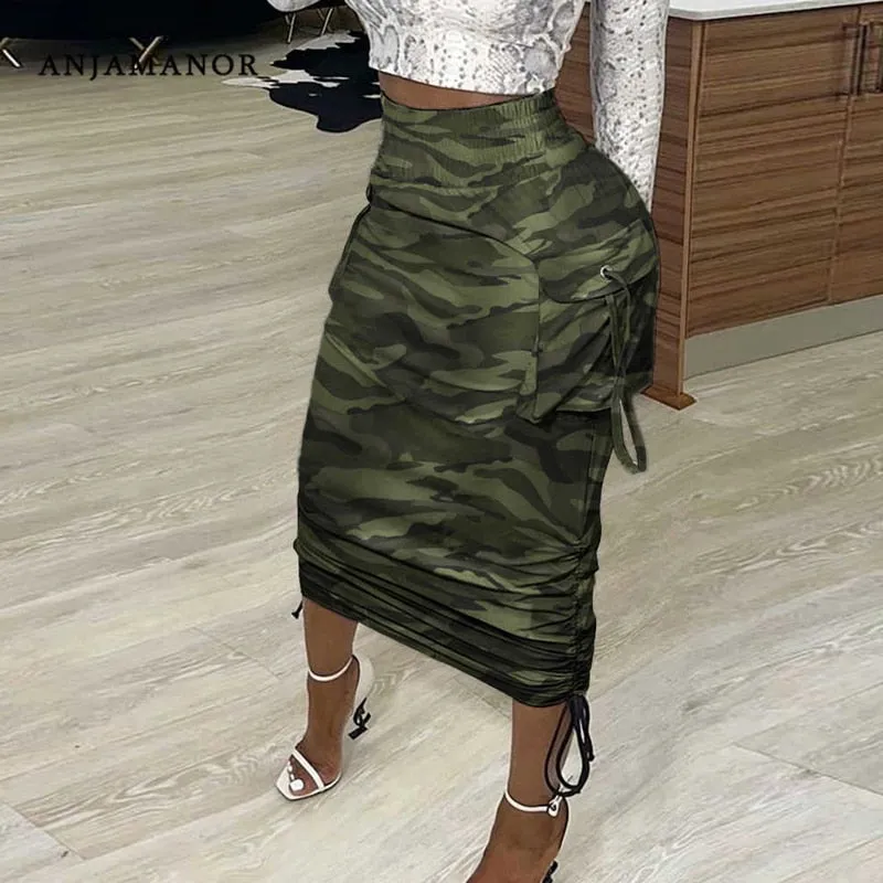 Women's Sexy Camouflage / Newspaper Print Draw String Ruched Long Skirts