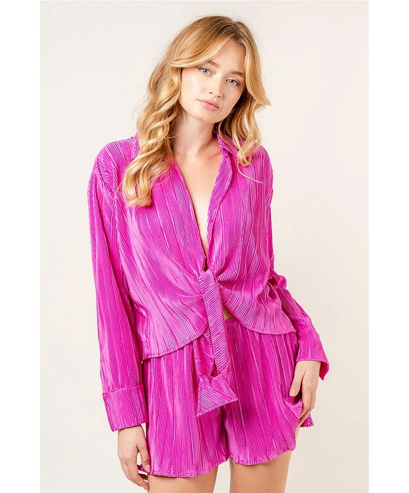 Zoey Plisse Crinkle Tie Blouse